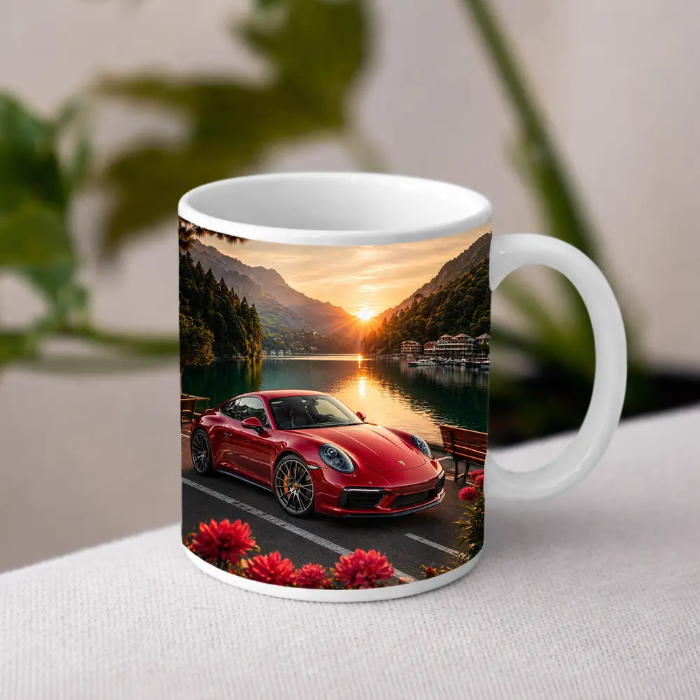 Red Porsche 911 Parked By Mountain Lake – Mugs