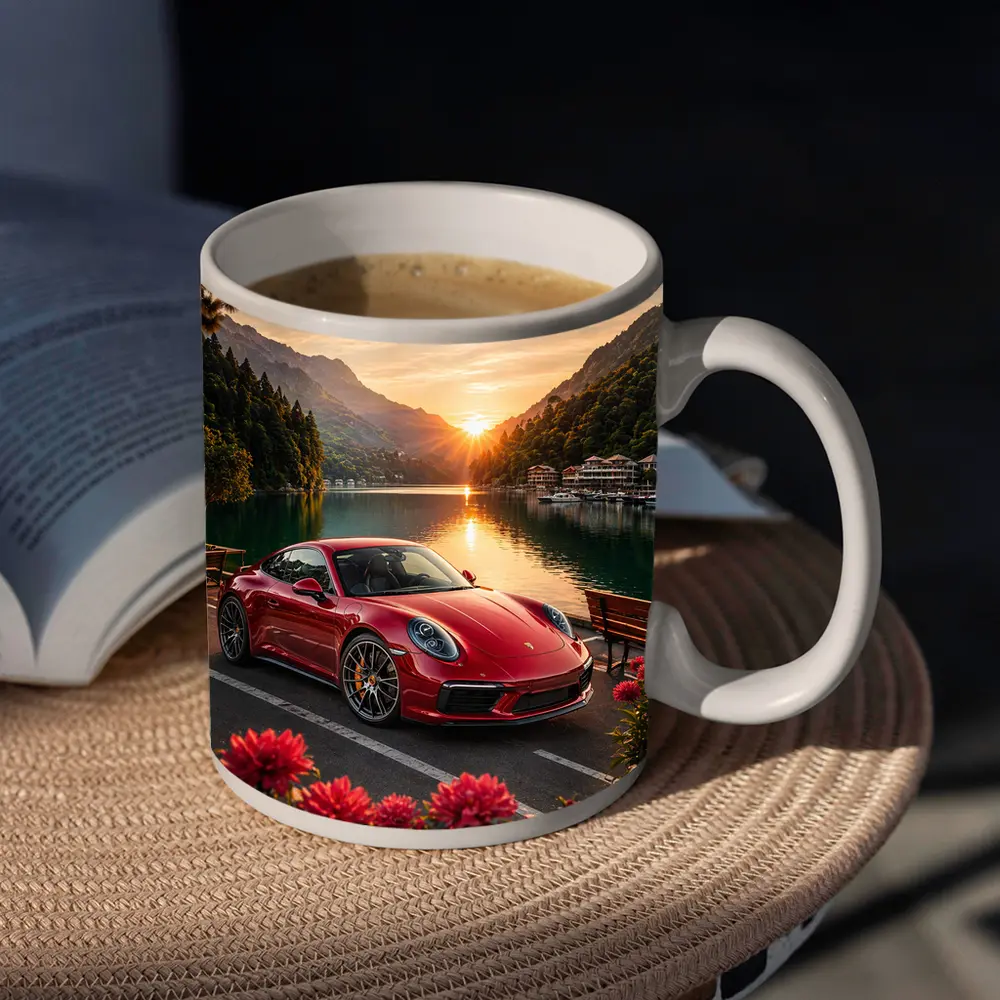 Red Porsche 911 Parked By Mountain Lake – Mugs
