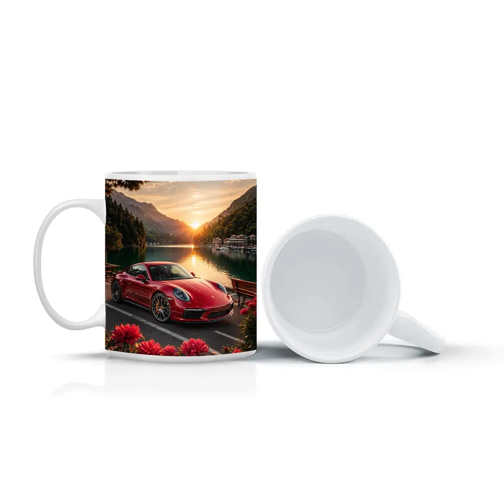 Red Porsche 911 Parked By Mountain Lake – Mugs