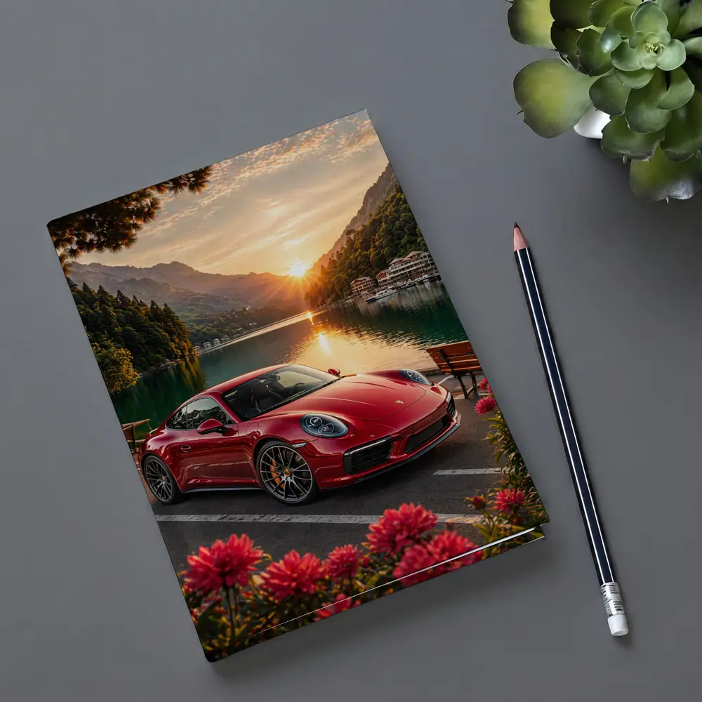 Red Porsche 911 Parked By Mountain Lake – Notebooks