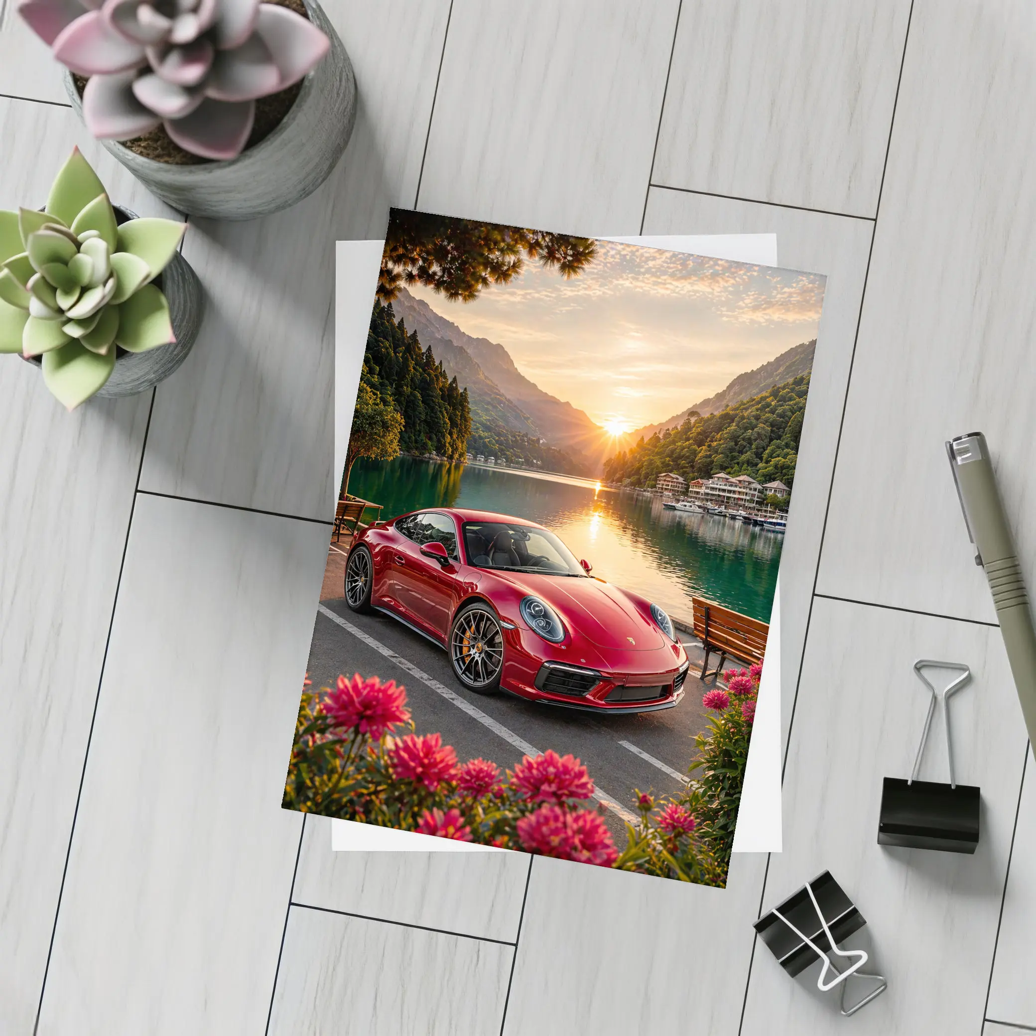 Red Porsche 911 Parked By Mountain Lake – Postcards