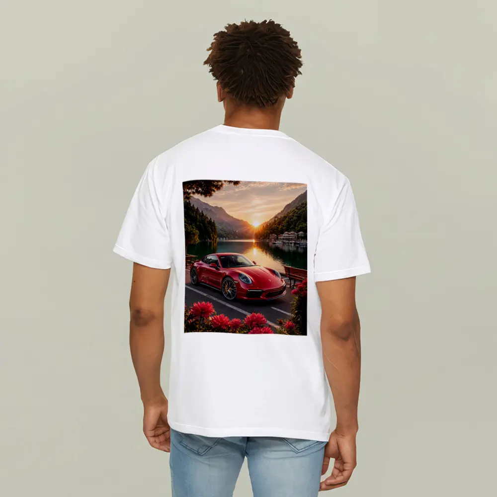 Red Porsche 911 Parked By Mountain Lake – T-Shirts