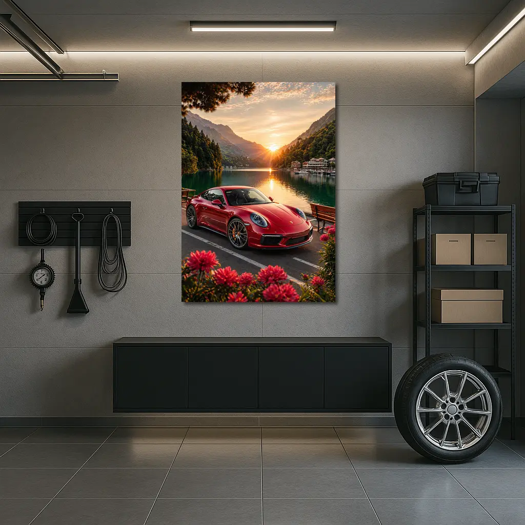 Red Porsche 911 Parked By Mountain Lake – Wall Art