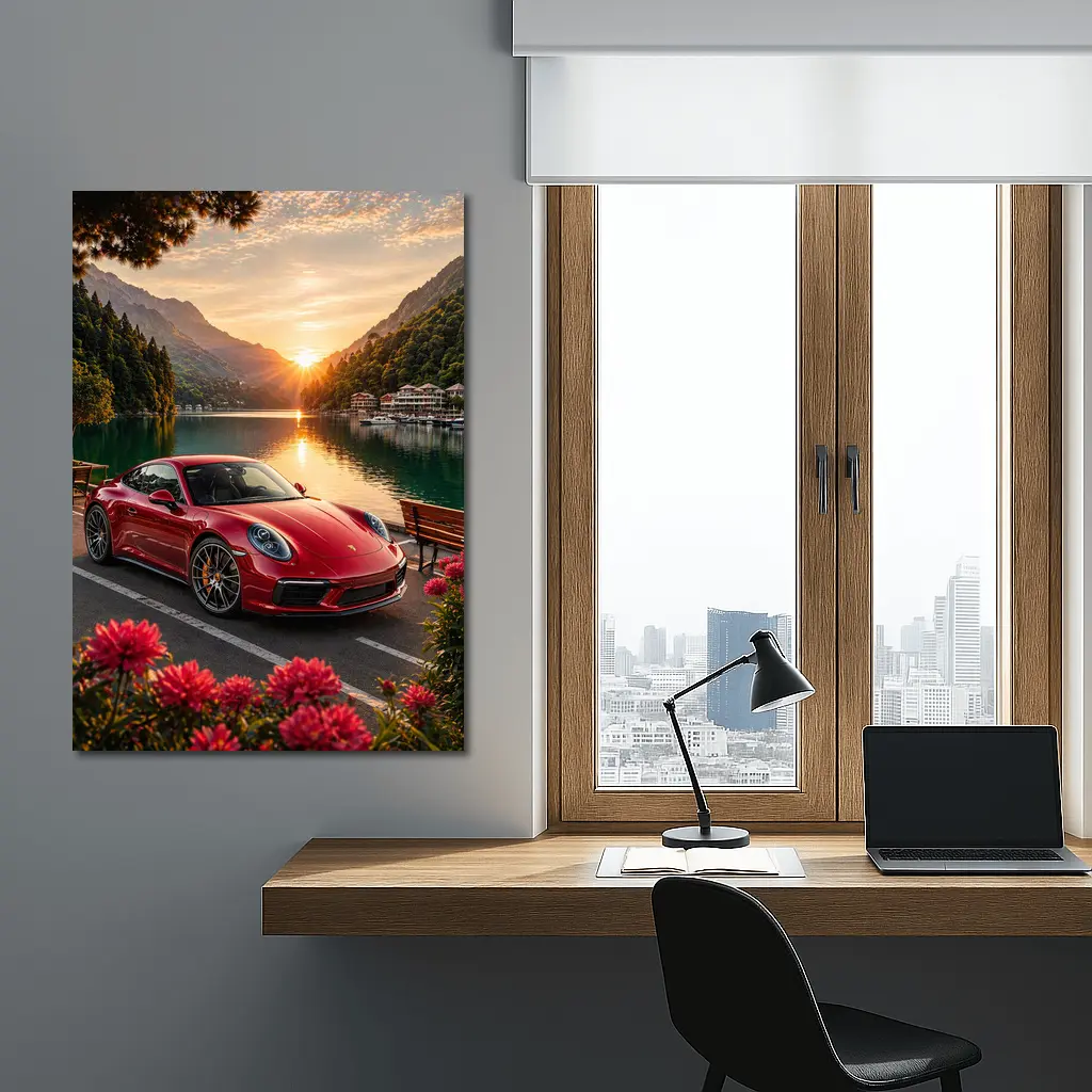 Red Porsche 911 Parked By Mountain Lake – Wall Art