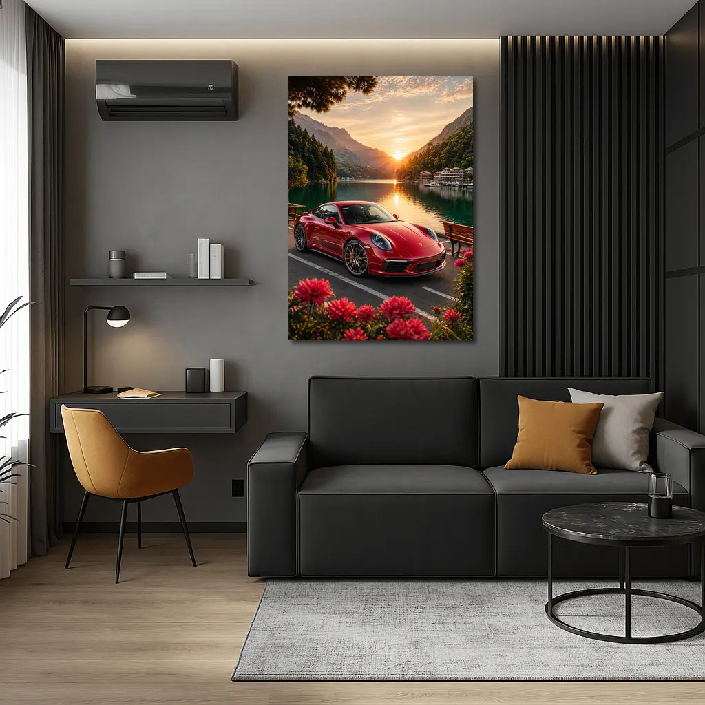 Red Porsche 911 Parked By Mountain Lake – Wall Art