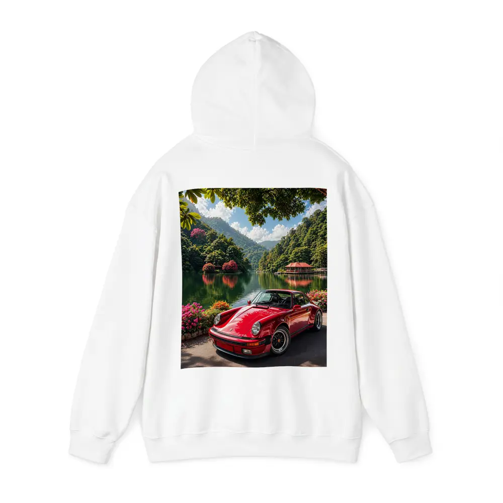 Red Porsche 911 Parked By Mountain Lake – Hoodies