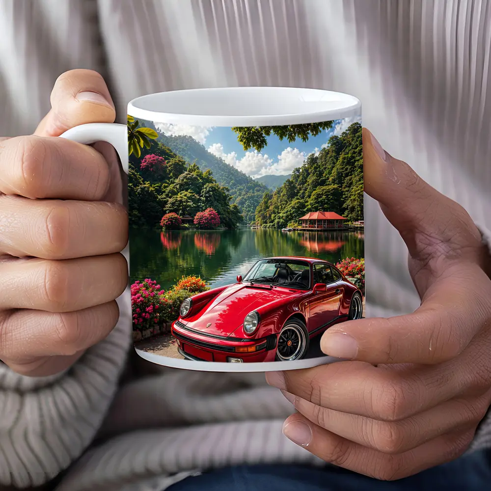 Red Porsche 911 Parked By Mountain Lake – Mugs