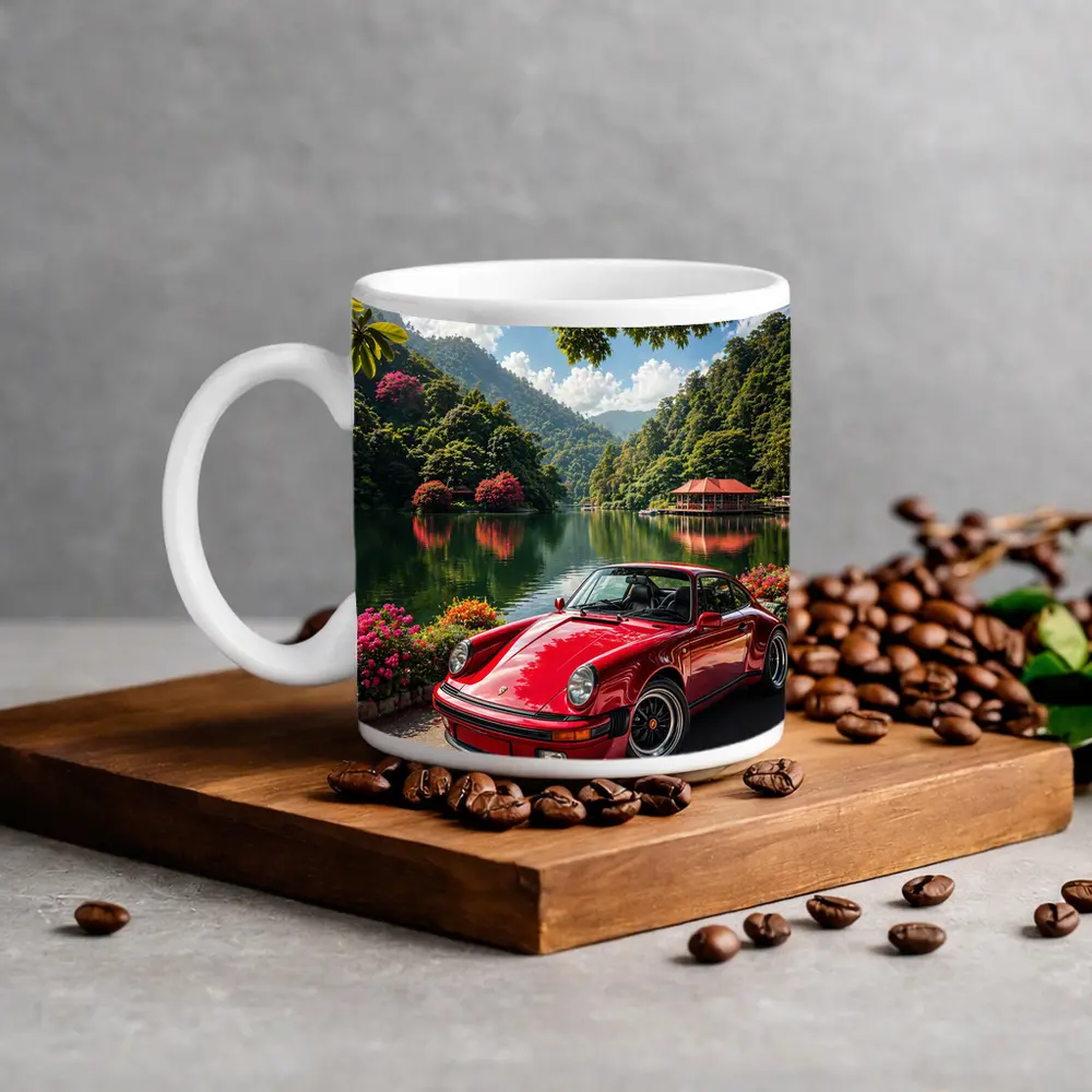 Red Porsche 911 Parked By Mountain Lake – Mugs