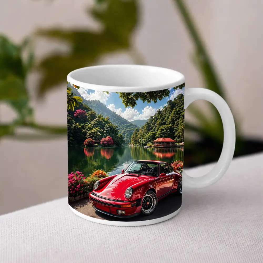 Red Porsche 911 Parked By Mountain Lake – Mugs