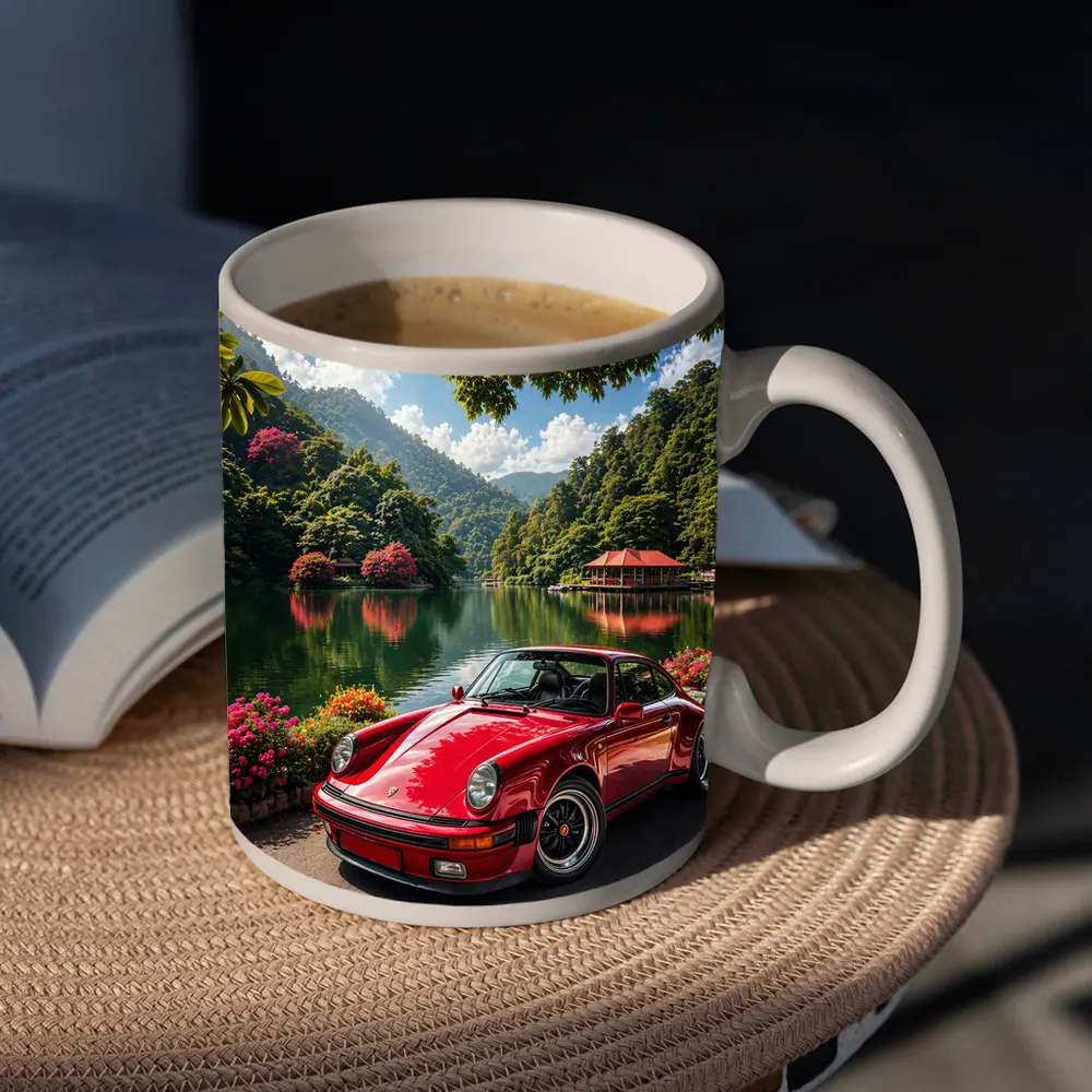 Red Porsche 911 Parked By Mountain Lake – Mugs