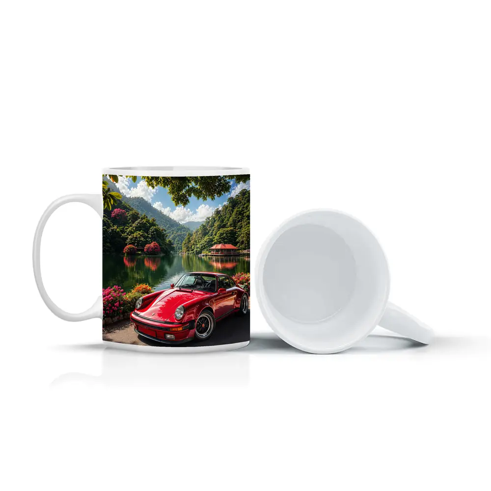 Red Porsche 911 Parked By Mountain Lake – Mugs