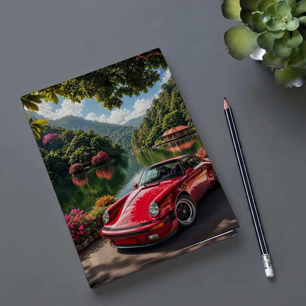 Red Porsche 911 Parked By Mountain Lake – Notebooks