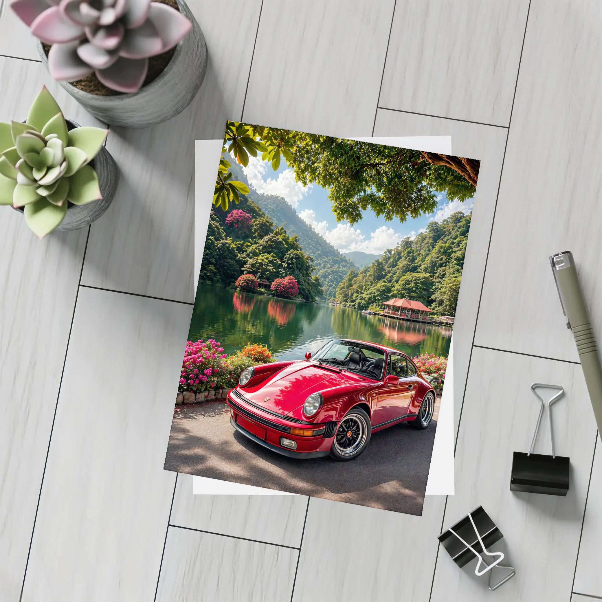 Red Porsche 911 Parked By Mountain Lake – Postcards