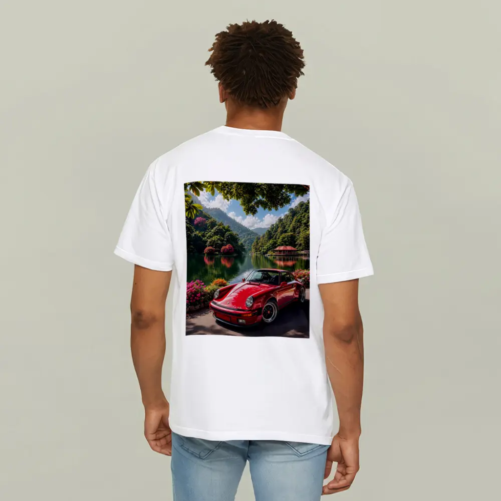 Red Porsche 911 Parked By Mountain Lake – T-Shirts