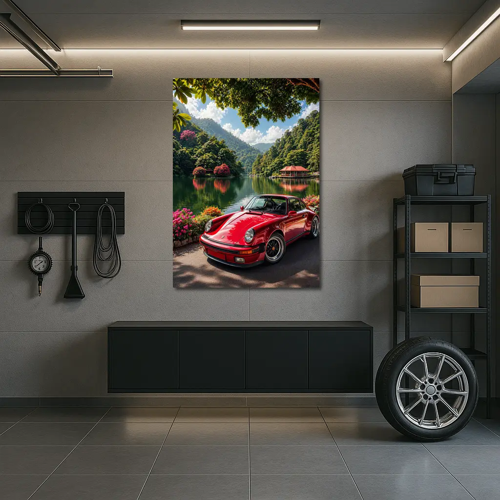 Red Porsche 911 Parked By Mountain Lake – Wall Art