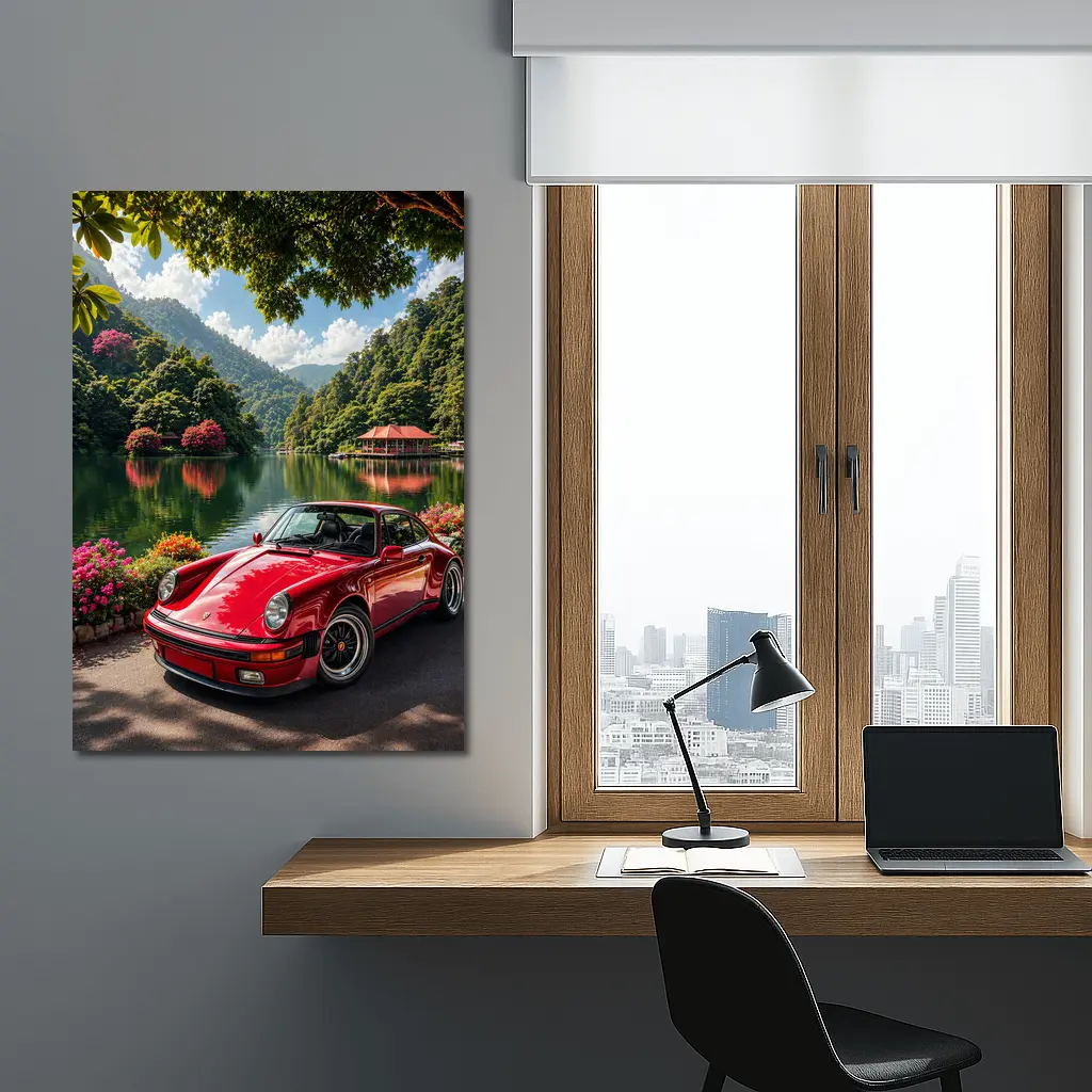 Red Porsche 911 Parked By Mountain Lake – Wall Art