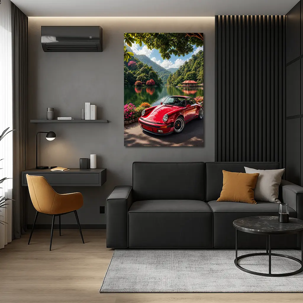 Red Porsche 911 Parked By Mountain Lake – Wall Art