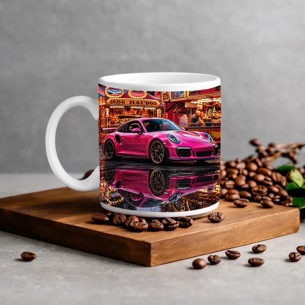Pink Porsche 911 Carnival Lights Wet Reflection – Mugs