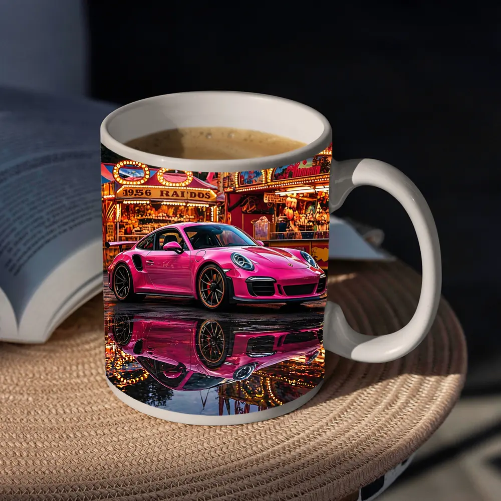 Pink Porsche 911 Carnival Lights Wet Reflection – Mugs
