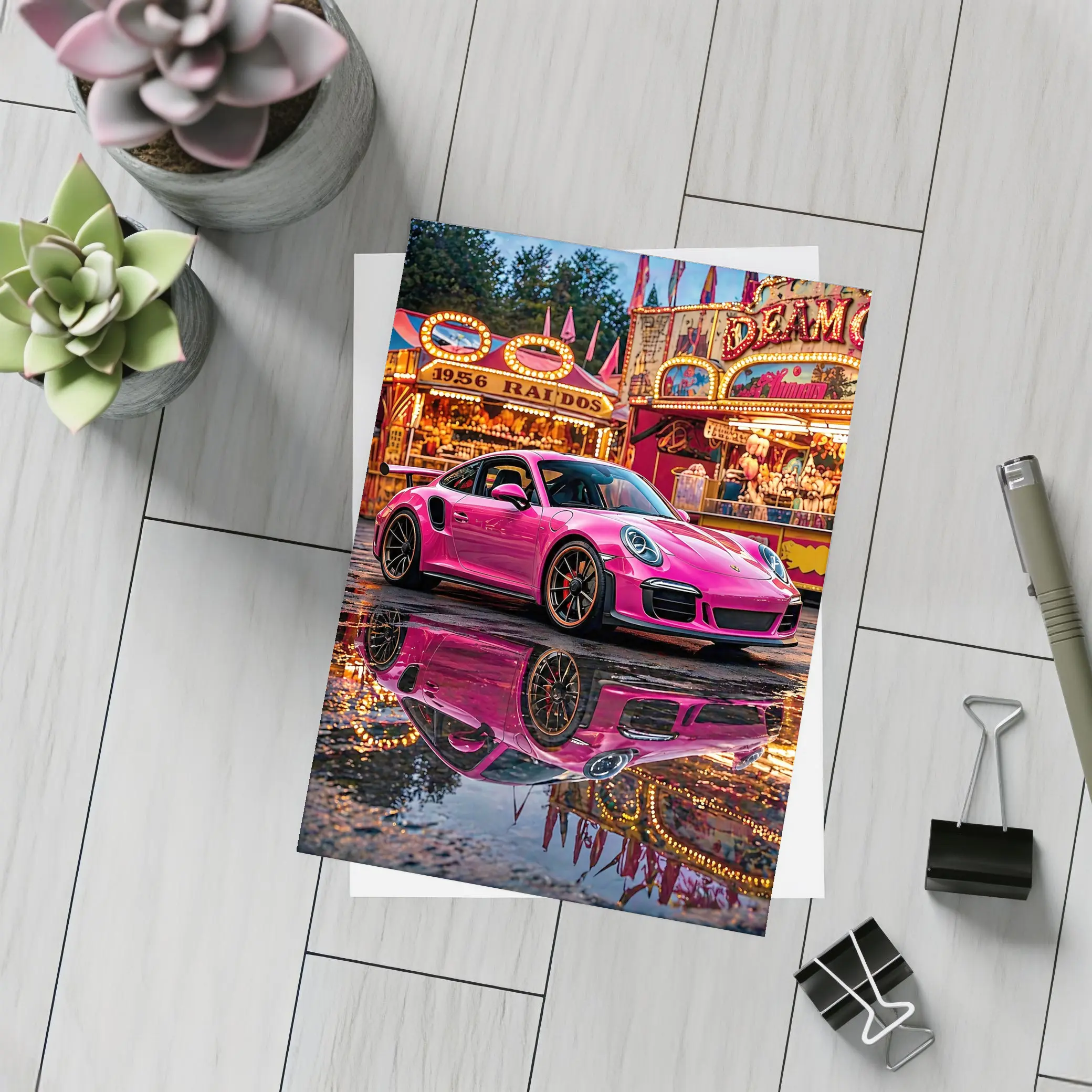 Pink Porsche 911 Carnival Lights Wet Reflection – Postcards