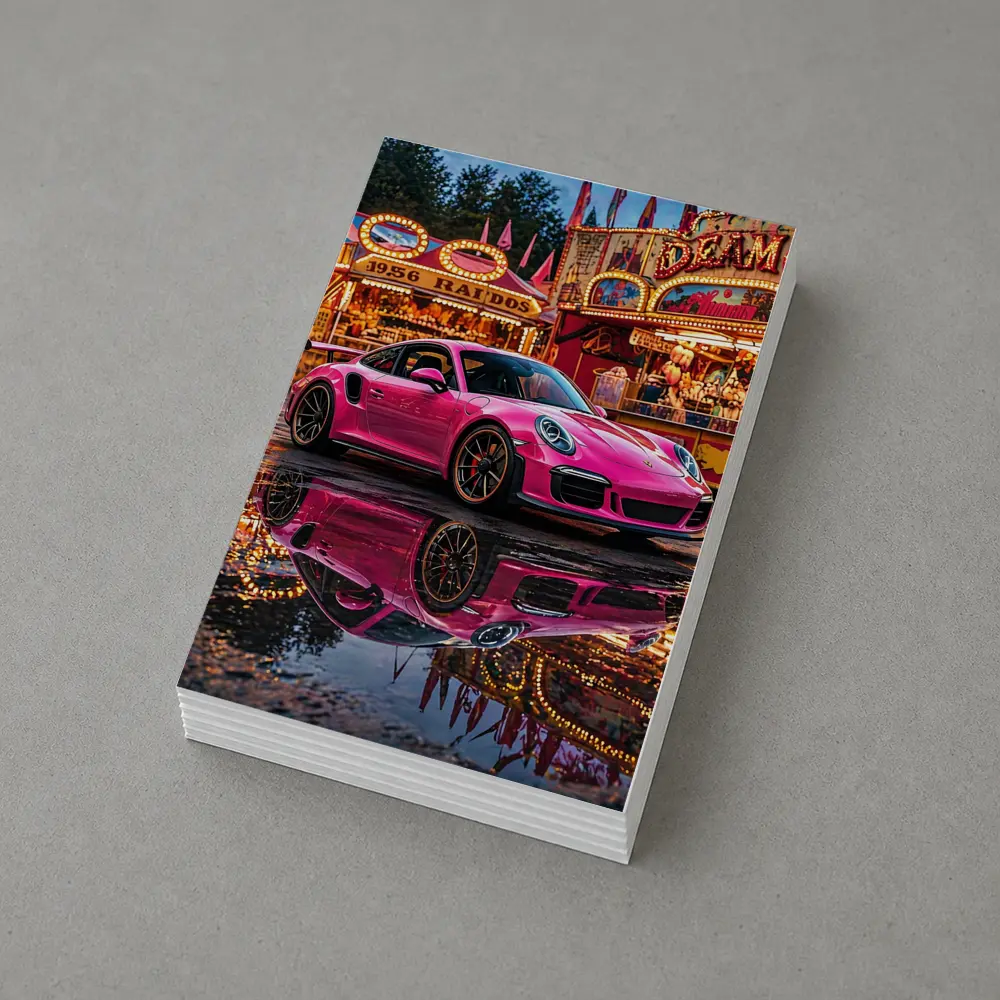 Pink Porsche 911 Carnival Lights Wet Reflection – Postcards