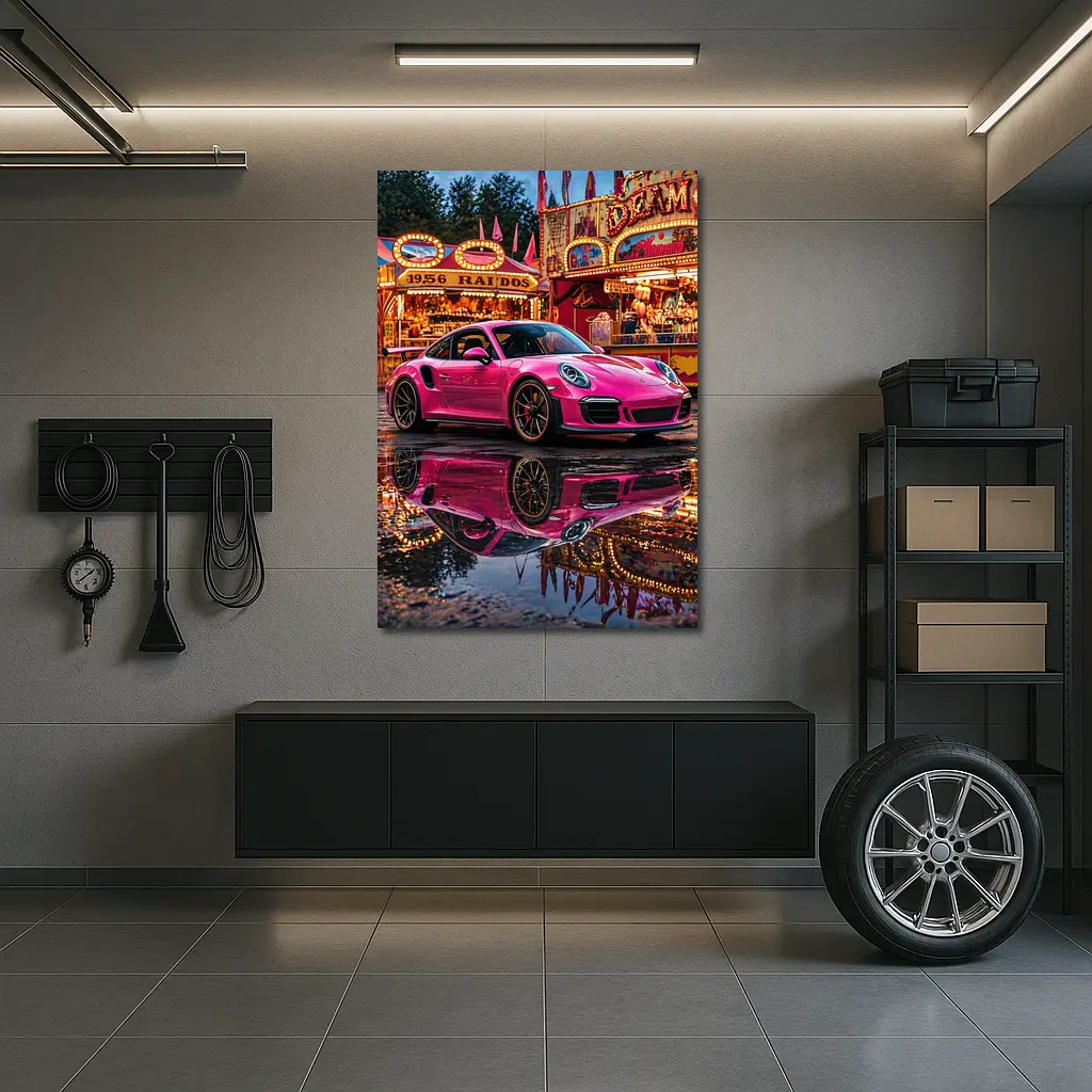 Pink Porsche 911 Carnival Lights Wet Reflection – Wall Art