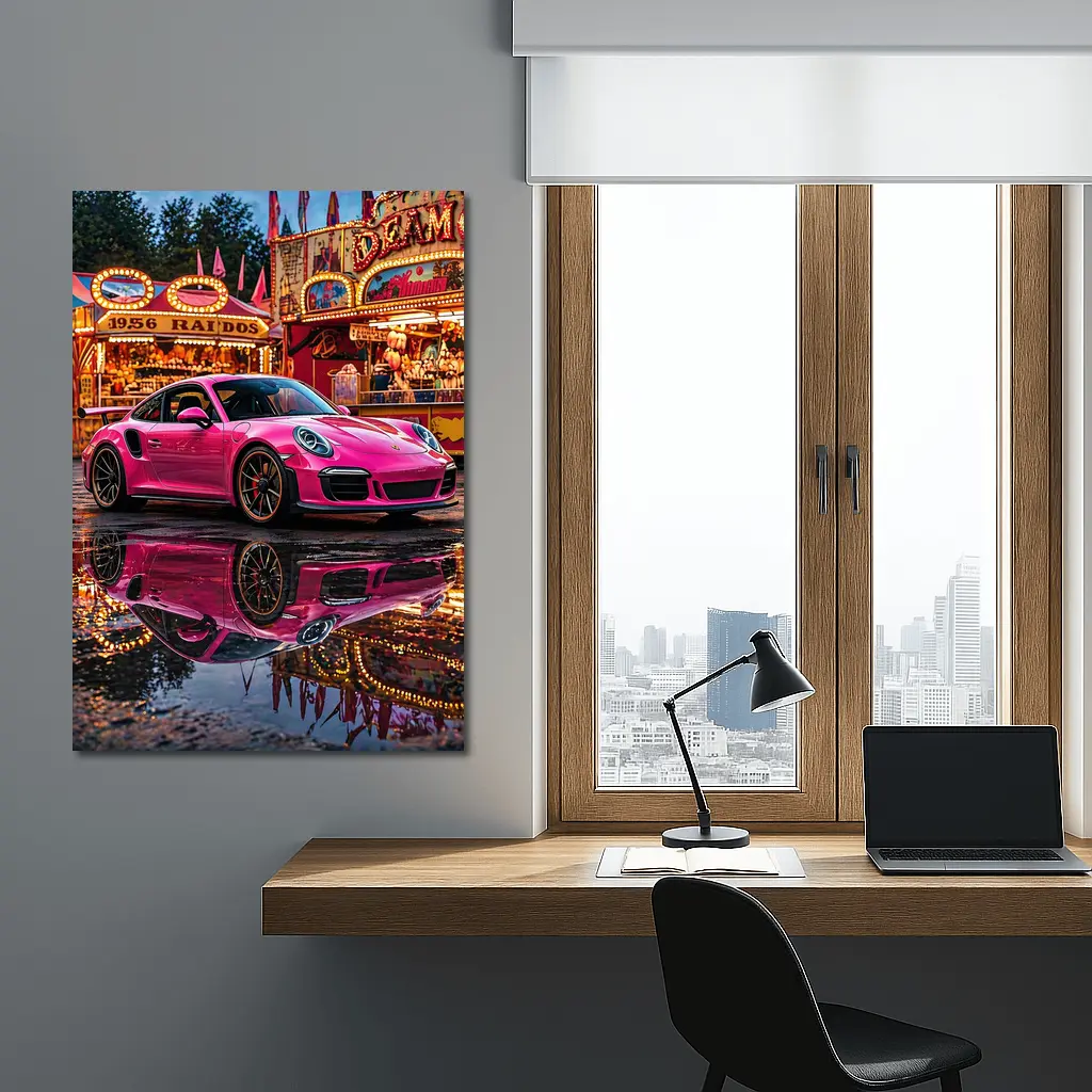 Pink Porsche 911 Carnival Lights Wet Reflection – Wall Art