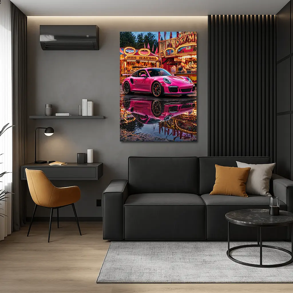 Pink Porsche 911 Carnival Lights Wet Reflection – Wall Art