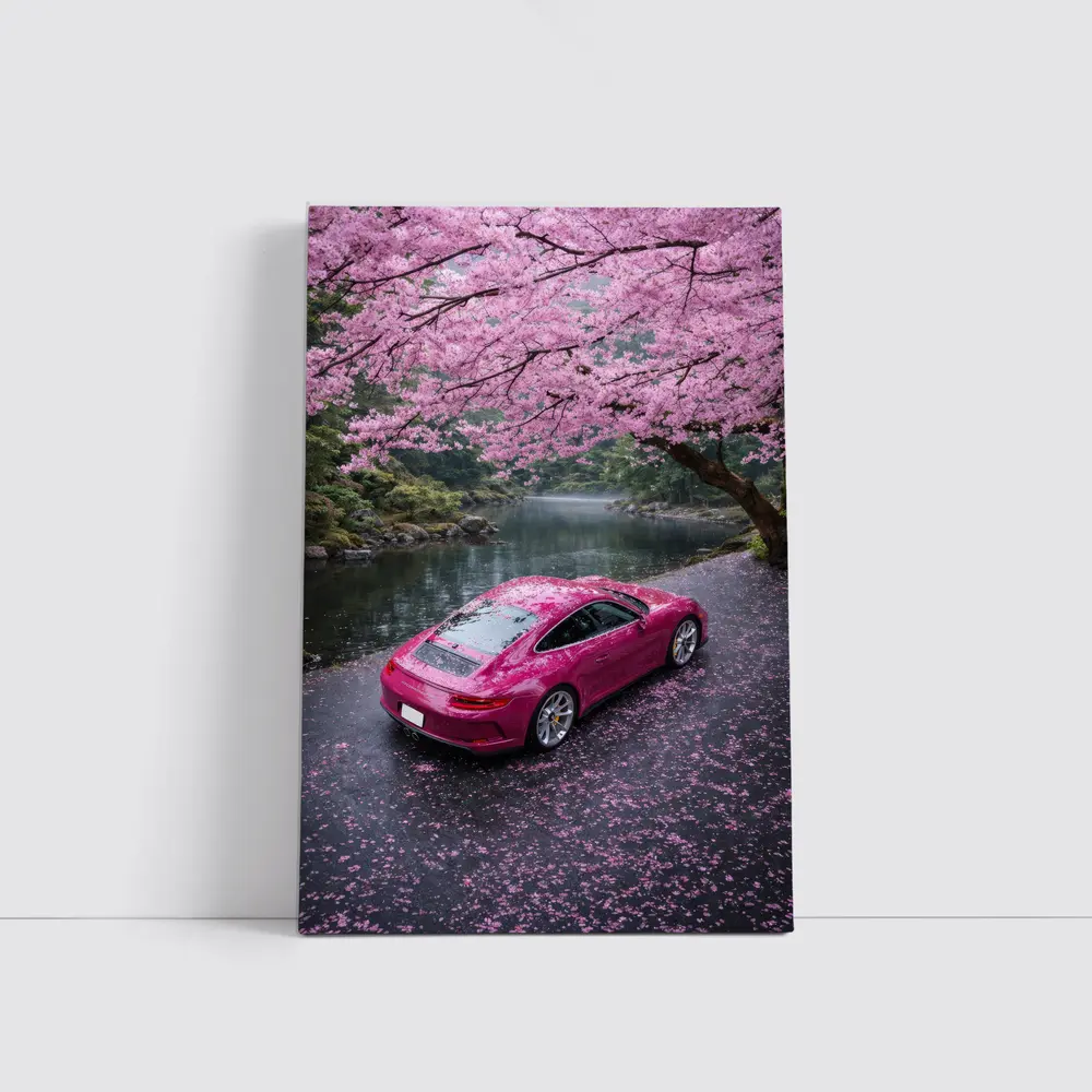 Pink Porsche 911 Under Cherry Blossom Trees – Wall Art