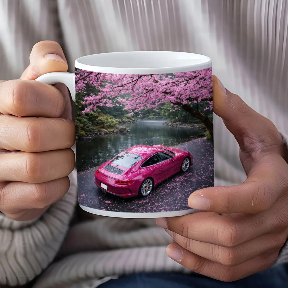 Pink Porsche 911 Under Cherry Blossom Trees – Mugs