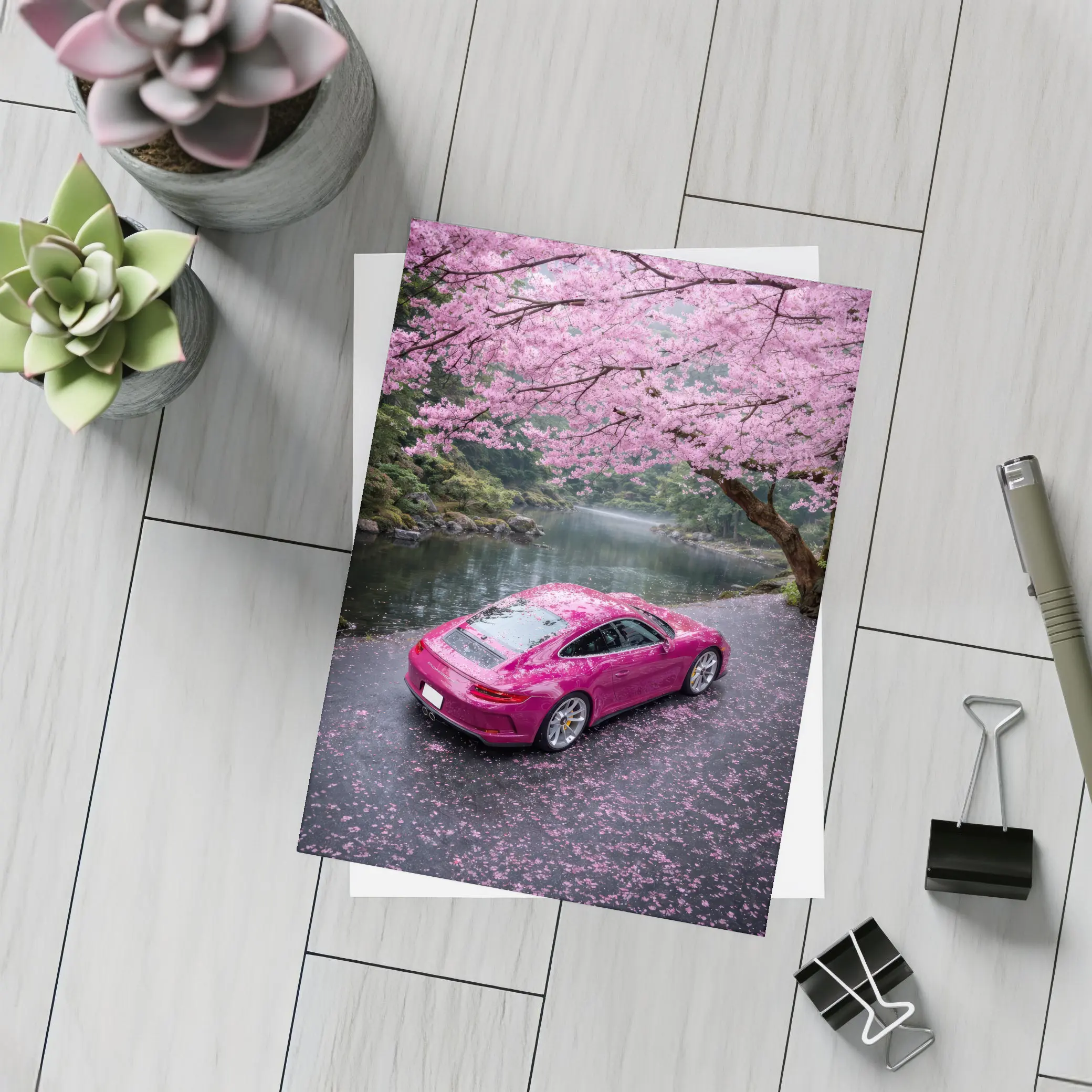 Pink Porsche 911 Under Cherry Blossom Trees – Postcards