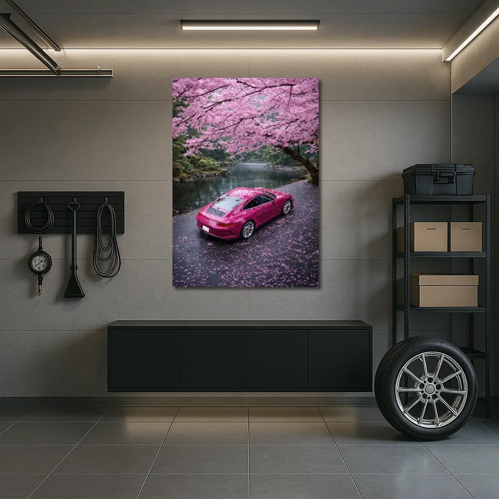 Pink Porsche 911 Under Cherry Blossom Trees – Wall Art