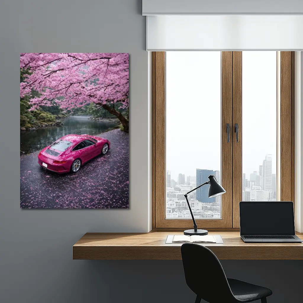Pink Porsche 911 Under Cherry Blossom Trees – Wall Art