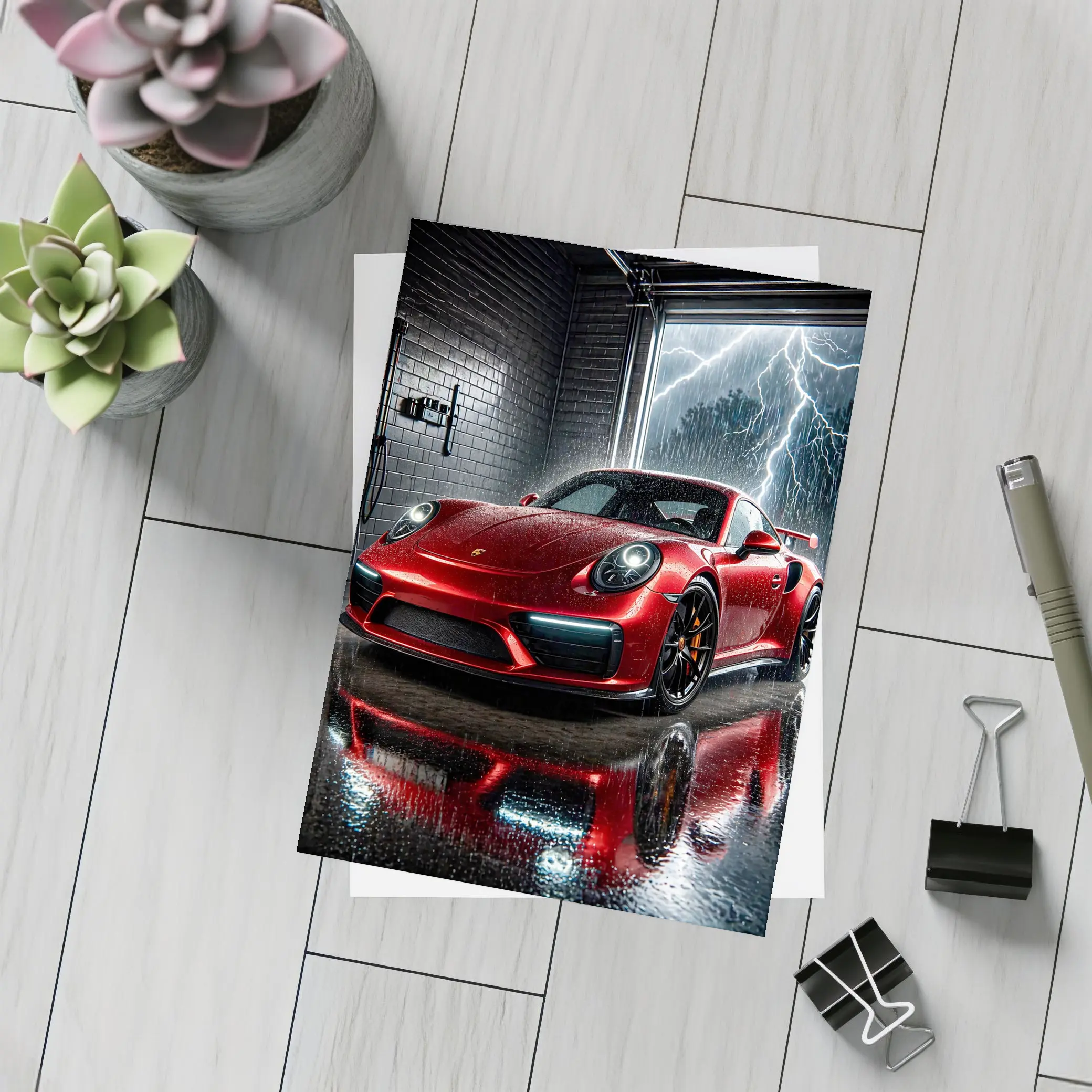 Red Porsche 911 GT2 RS Rain Storm – Postcards