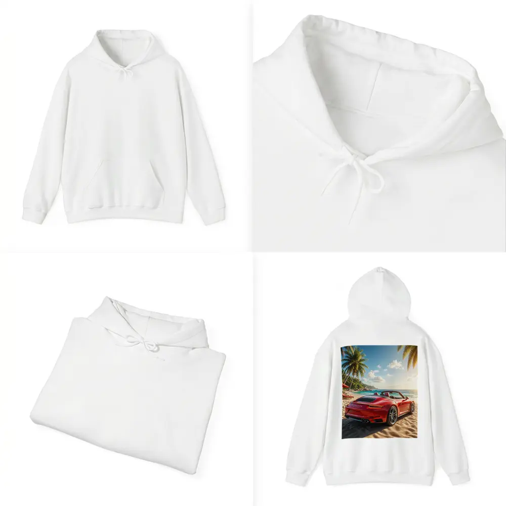 Red Porsche 911 Parked On Tropical Beach – Hoodies