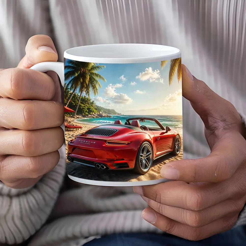 Red Porsche 911 Parked On Tropical Beach – Mugs