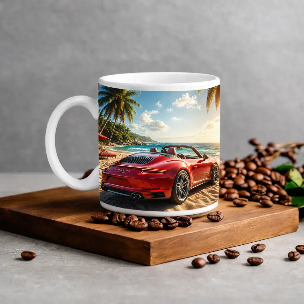 Red Porsche 911 Parked On Tropical Beach – Mugs