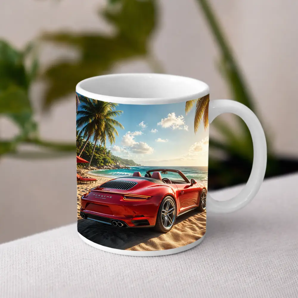 Red Porsche 911 Parked On Tropical Beach – Mugs
