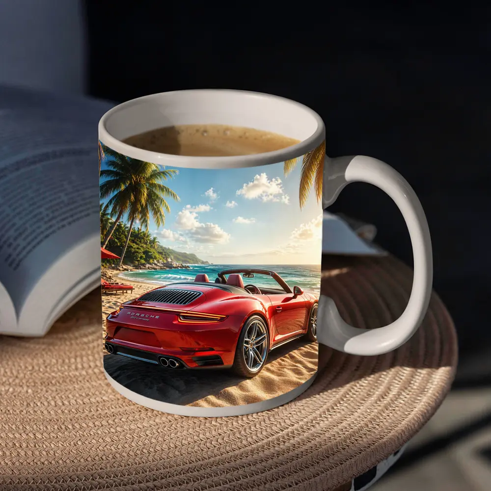 Red Porsche 911 Parked On Tropical Beach – Mugs