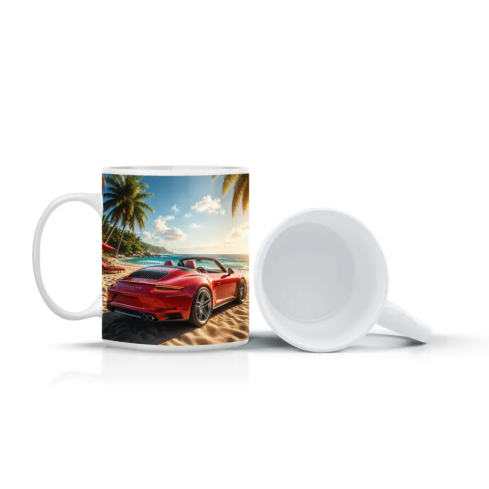 Red Porsche 911 Parked On Tropical Beach – Mugs