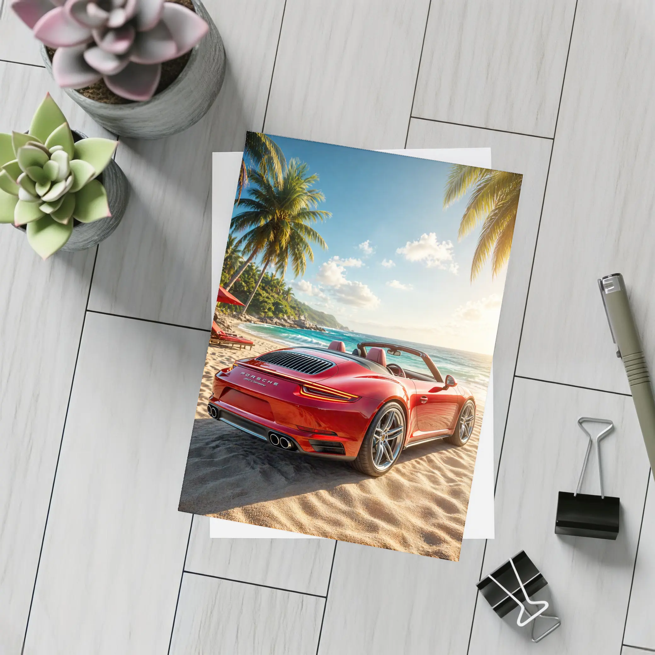 Red Porsche 911 Parked On Tropical Beach – Postcards