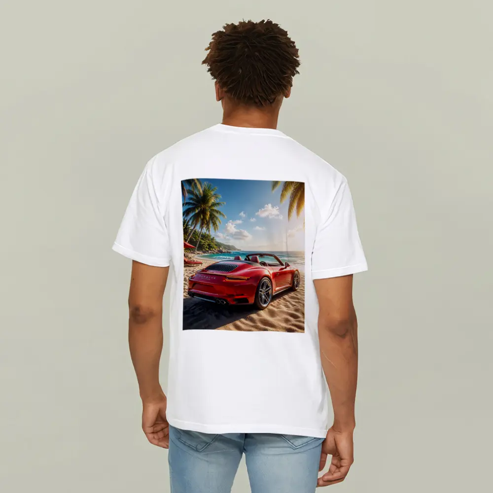 Red Porsche 911 Parked On Tropical Beach – T-Shirts