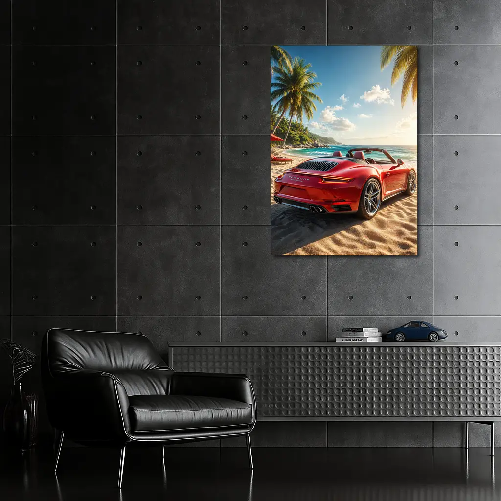 Red Porsche 911 Parked On Tropical Beach – Wall Art