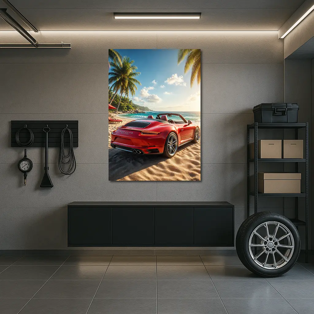 Red Porsche 911 Parked On Tropical Beach – Wall Art