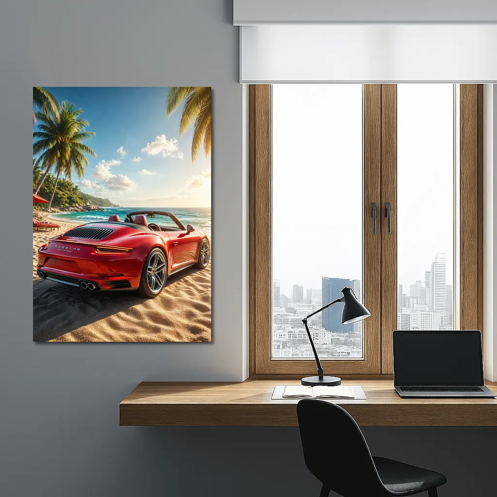 Red Porsche 911 Parked On Tropical Beach – Wall Art