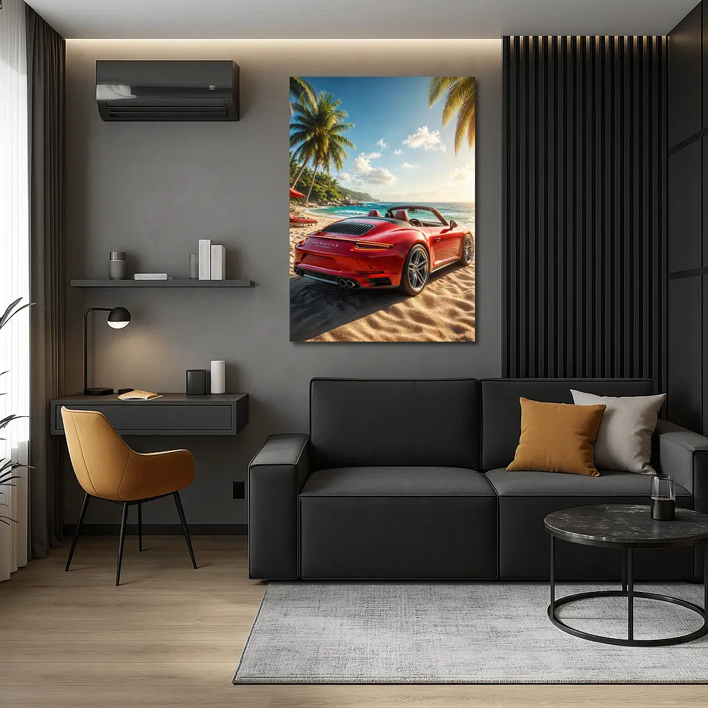 Red Porsche 911 Parked On Tropical Beach – Wall Art