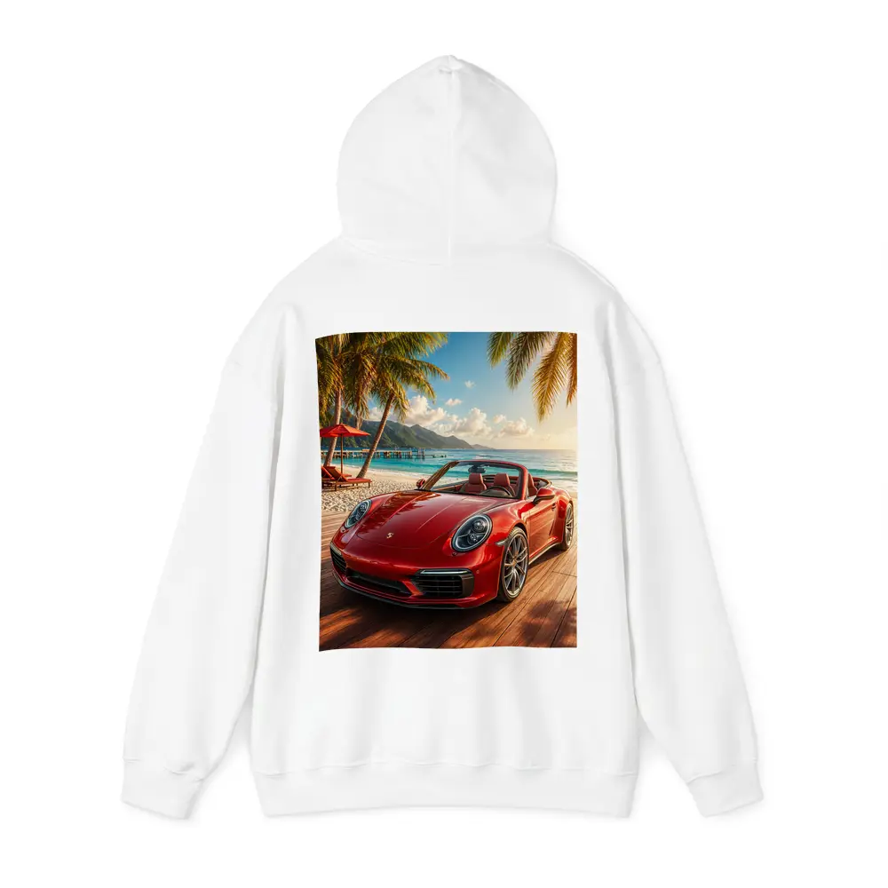 Red Porsche 911 Convertible Tropical Beach Setting – Hoodies