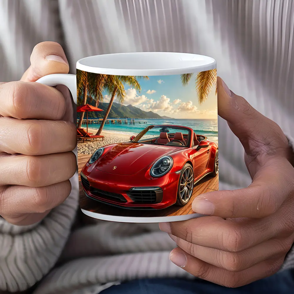 Red Porsche 911 Convertible Tropical Beach Setting – Mugs