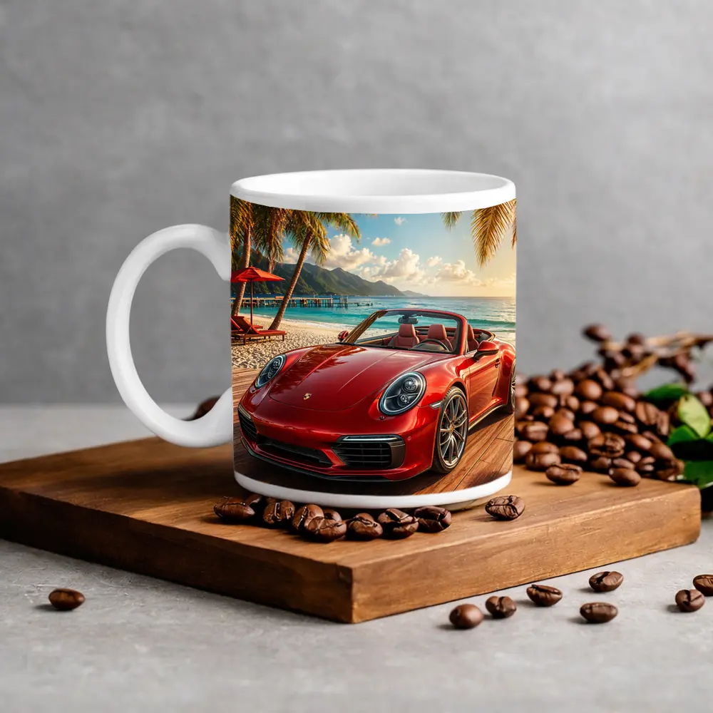 Red Porsche 911 Convertible Tropical Beach Setting – Mugs