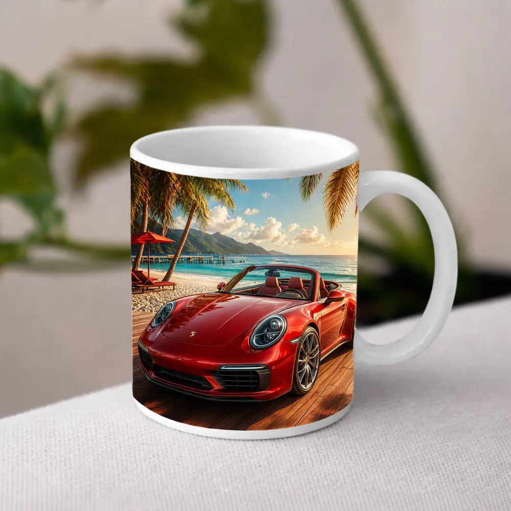 Red Porsche 911 Convertible Tropical Beach Setting – Mugs